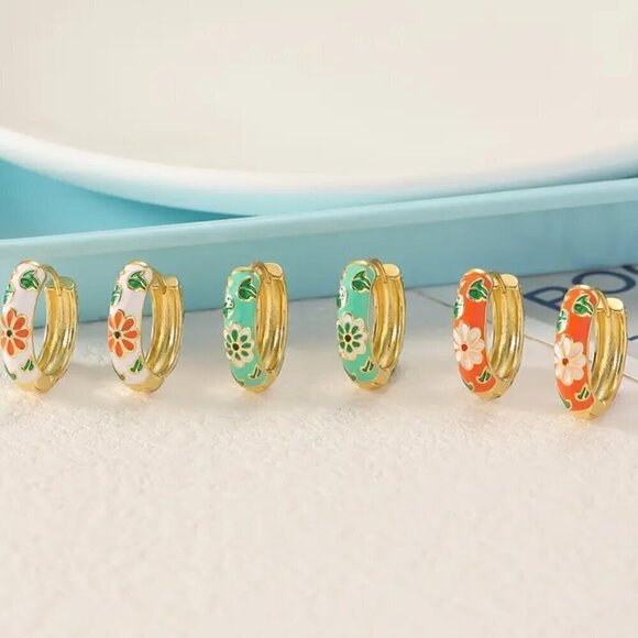 Blue Floral Enamel Huggie Earrings #1352-BLUE - Picture 3 of 5